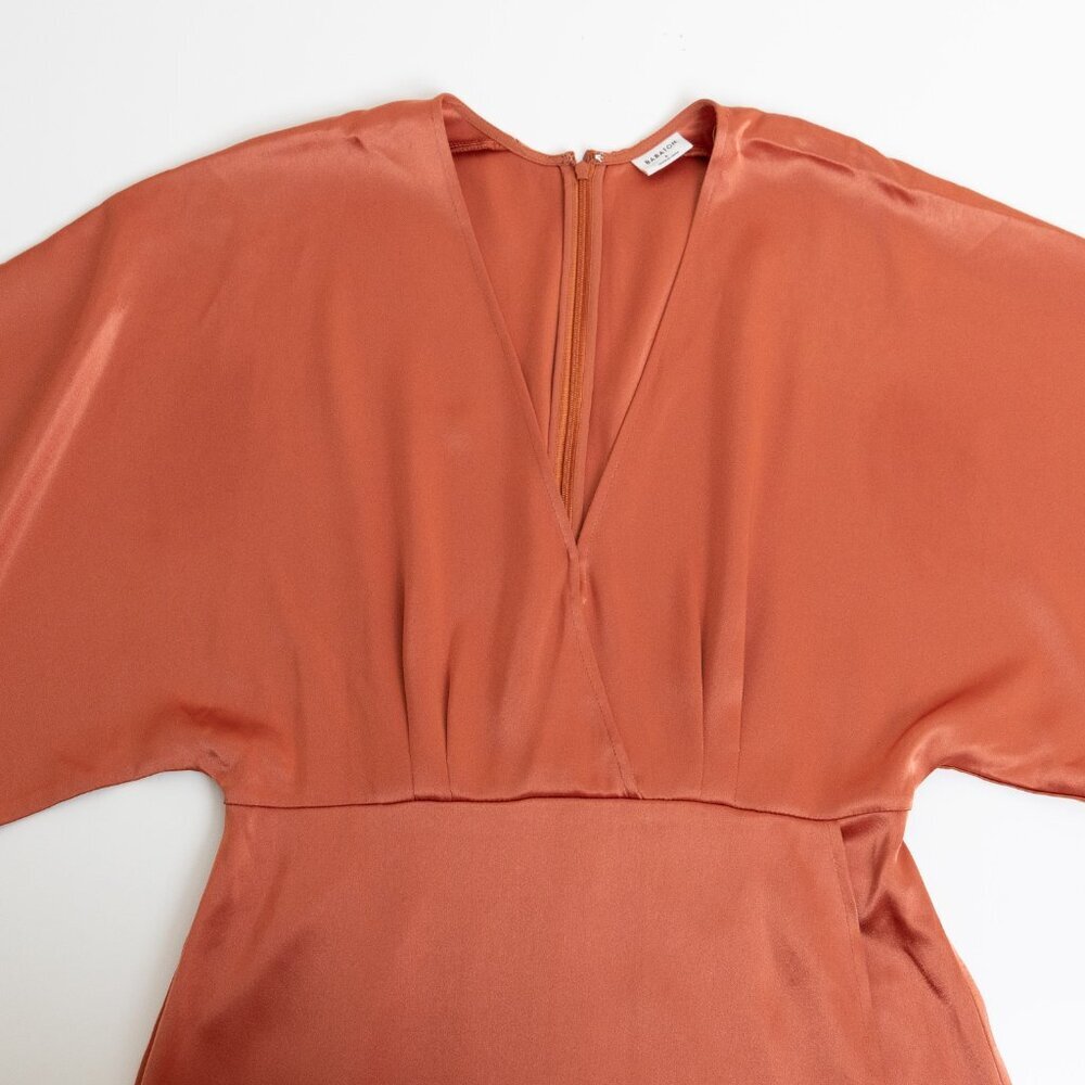 Aritzia Babaton Satin Dress Stanley Kimono Style Faux Wrap Burnt Orange  Copper - Picture 4 of 15